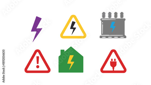 A collection of colorful electrical warning signs and symbols on a white background