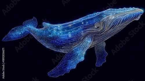 Glowing blue whale made of stars and light on black background