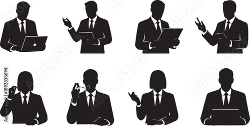 Business professionals in various poses with laptops and gestures