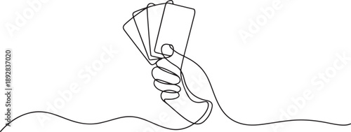 Continuous one line drawing of hand holding credit cards.one line vector illustration with white background
