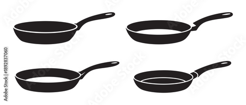 Black Frying Pans Cooking Kitchenware Isolated on White Background.