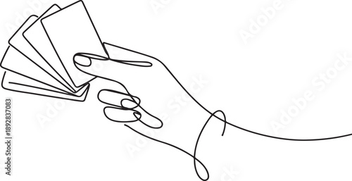 Continuous one line drawing of hand holding credit cards.one line vector illustration with white background