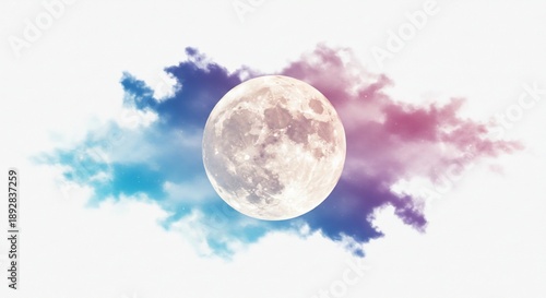 夜空を彩る柔らかな月の光を放つ満月が鮮やかな青とピンク紫の美しいグラデーションの雲に優しく包まれ幻想的に輝く神秘的なデジタルイラスト. AI Generated