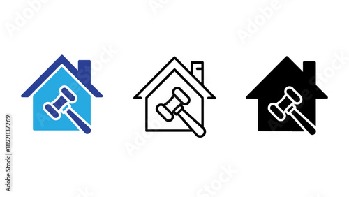 Three house icons with a gavel symbol on a white background