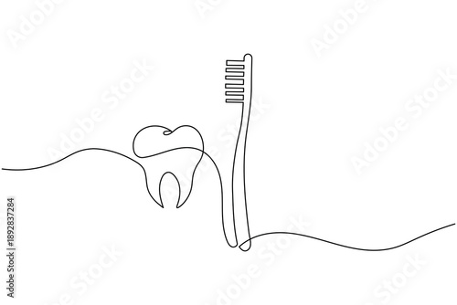 Single line art showing a toothbrush and dental on a white background. This simple vector design is ideal for modern dental health and bathroom interior themes.