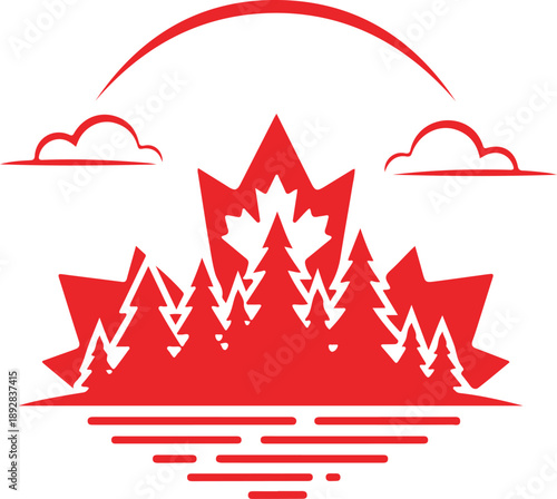 Canadian wilderness landscape with maple leaf and forest silhouette over water