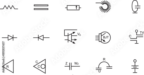 Electronic components and symbols isolated on transparent background