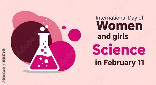 International day of women and girls in science poster with beakers and test tubes on pink background