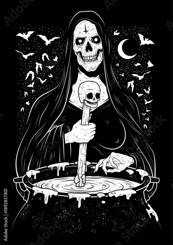 Witch with skull face Stirring a cauldron, with a starry night, moon and bats in the background. Black and white vector illustration. Concept of Witchcraft, halloween, horror, astrology, magic.