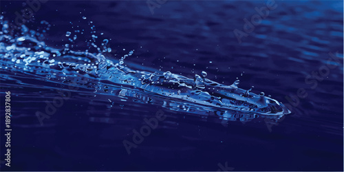 Water splash on black background with waves and ripples in water reflecting light
