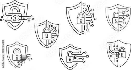 A Set of One line continuous hacker cyber security symbol concept.one line vector illustration with white background