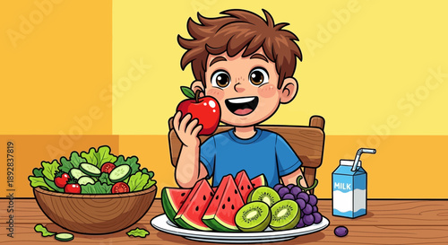 Happy boy enjoying a delicious and nutritious meal with fresh fruits and vegetables