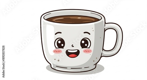 笑顔で語りかけるような白いコーヒーカップ温かい飲み物が入った愛らしいキャラクターイラストレーション. AI Generated