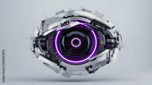Futuristic robotic sphere with glowing purple ring and mechanical components.
