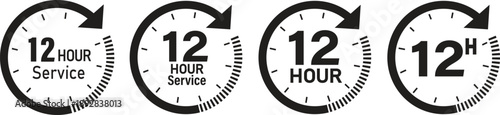 Set of red 24 hour service icons featuring clocks and circular arrows for non-stop customer support and delivery. Time twenty four icon flat simple icon. Liner version stock vector. 24 Hrs collection