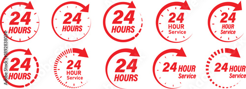24 hours clock icons set with circular arrows and time symbols for continuous service and round the clock concept vector illustration. Time twenty four icon filled flat sign for mobile concept and web