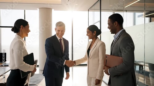 Two diverse business couples smiling and shaking hands, signifying a successful agreement or partnership in a modern office.