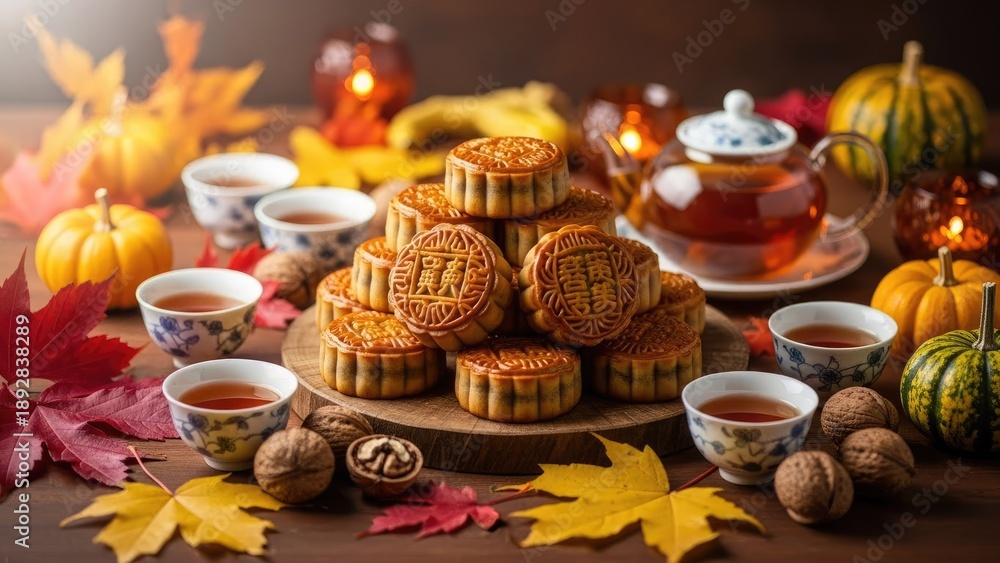 Fototapeta premium A beautifully arranged table setting with mooncakes and tea for a festive autumn celebration