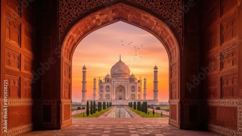 Taj mahal view through archway at sunset