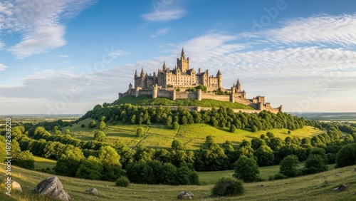 Majestic castle perched on hilltop in lush green landscape