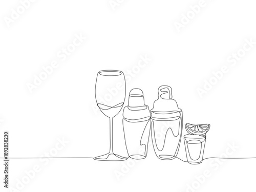 Minimal continuous one line illustration of assorted drinkware including wine glass, cocktail shaker, and cups on a table, clean outline for bar, hospitality, and minimalist design concepts. Editable 