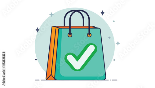 Shopping bag with green check mark successful purchase icon graphic design on white background