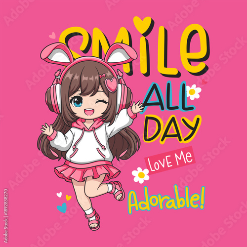 Cute Cartoon Style Anime Girl with Headphone Illustration Design