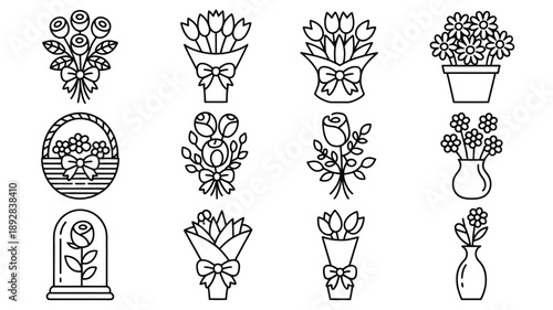 Elegant line art, collection of bouquets and flower arrangements, perfect for gifting, weddings, celebrations, greeting cards, and decorative design projects.