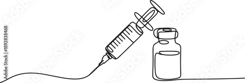 Continuous one line drawing of syringe and vial - medical equiptment.one line vector illustration with white background
