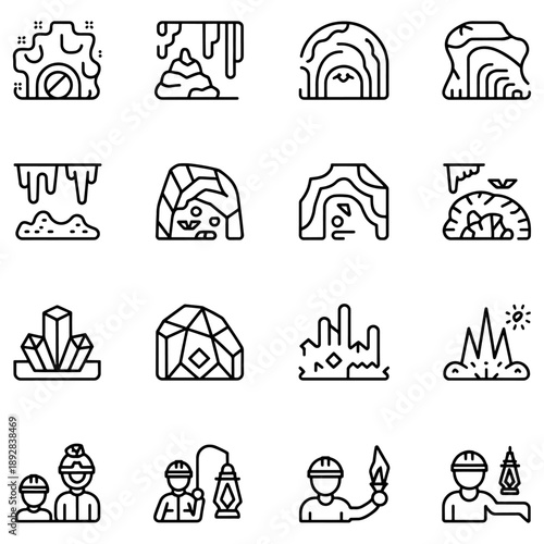 Qualityful cave line icon set