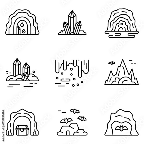 Qualityful cave line icon set