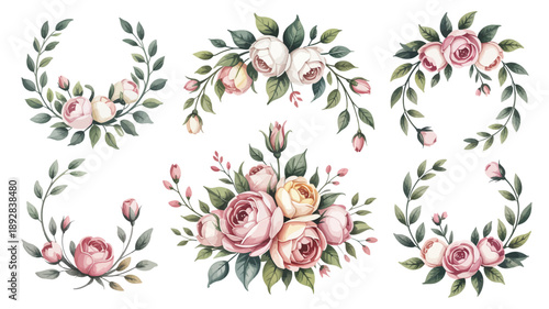 Beautiful floral, wreaths with pink and white roses and green foliage, ideal for stationery, celebration designs, Valentine’s Day, and elegant decorative artwork.