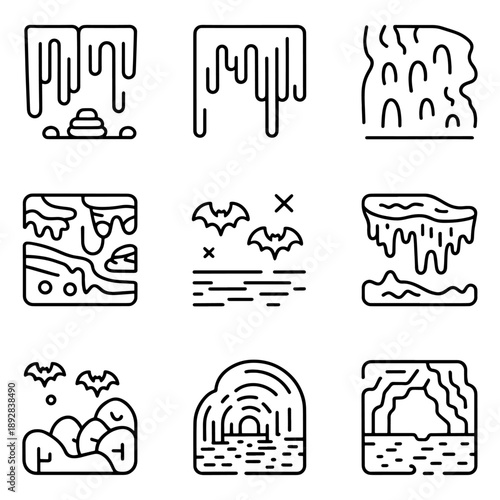 Qualityful cave line icon set
