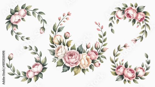 Beautiful wreath illustrations, featuring delicate pink and white roses with green leaves, perfect for wedding invitations, greeting cards, romantic designs, and festive decoration projects.