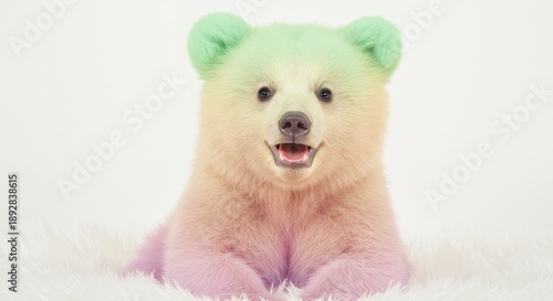 ふわふわの毛並みが虹色に輝く子熊が優しく微笑む愛らしい動物ポートレート. AI Generated