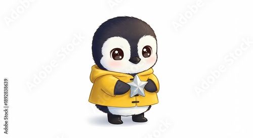 黄色いパーカーを着て輝く星を大切に抱える可愛いペンギンのイラスト 優しい表情が心温まる愛らしい姿. AI Generated