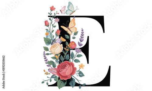 Beautiful alphabet E with floral watercolor bouquet