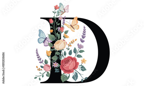 Beautiful alphabet D with floral watercolor bouquet