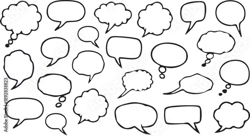 Collection of hand drawn speech and thought bubbles scattered across a white background