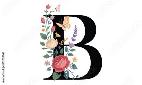 Beautiful alphabet B with floral watercolor bouquet