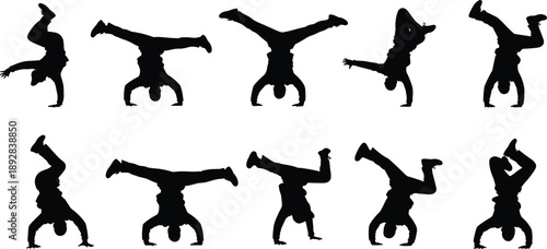 Collection of breakdance and handstand silhouettes showing acrobatic street dance poses, isolated on white background for hip hop, fitness, and urban design use
