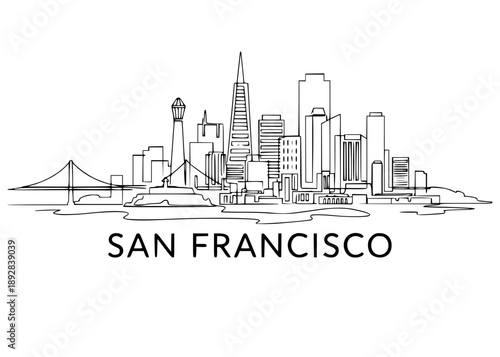 San Francisco capacity line art, iconic architecture drawing, urban bridge sketch, black and white city landmark artwork