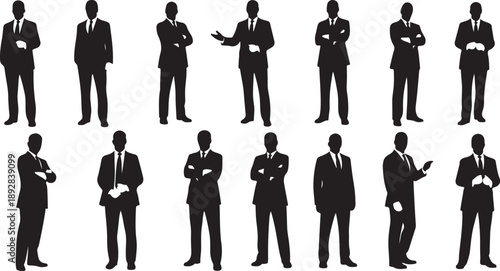 Silhouettes of businessmen in various poses and suits standing