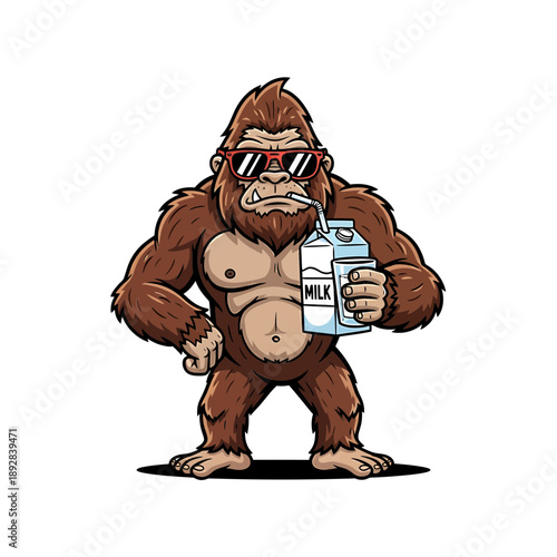 Bodybuilder Cartoon Gorilla with Protein Shake – Strong Shirtless Ape Holding Supplement Bottle in Funny Comic Style

