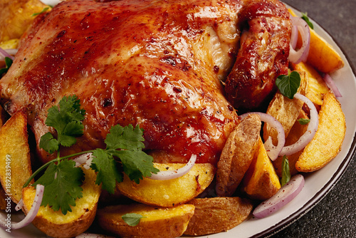 Fototapeta fried, baked chicken, in the oven, with spices, and rustic potatoes, top view, h