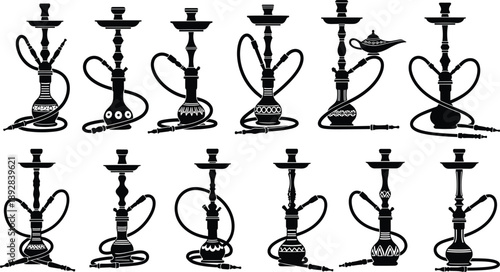 Hookah shisha silhouette set with ornate hoses, black vector smoking pipe collection isolated on white background illustration design elements