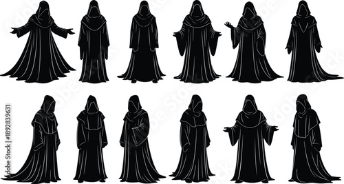 Hooded robe figure silhouette set in mystical poses, black vector dark fantasy character illustration collection isolated on white background