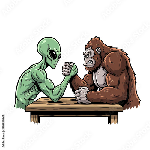 "Alien vs Gorilla Arm Wrestling – Funny Muscle Showdown Comic Style Vector Illustration"

