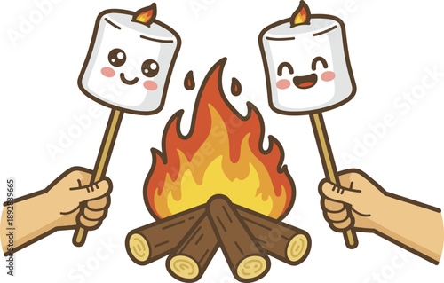 Cute marshmallows roasting over campfire illustration, smiling cartoon sweets on sticks, camping dessert concept, kawaii style vector artwork