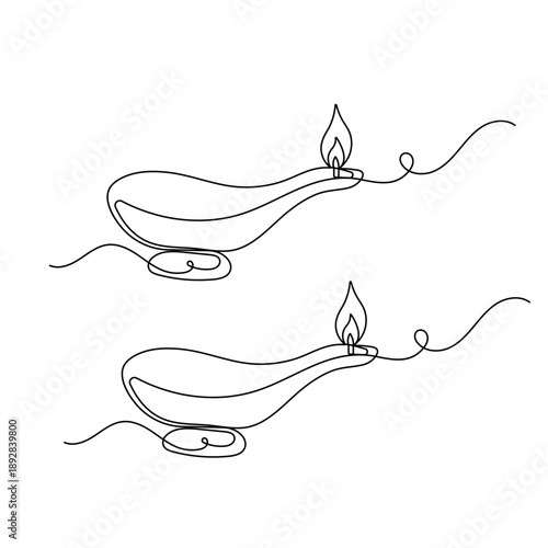 Traditional Diya lamp, with a continuous one-line drawing isolated on white